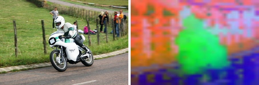 DINOv2 ViT-S/14: a motorcyclist beside the PCA of its patch features