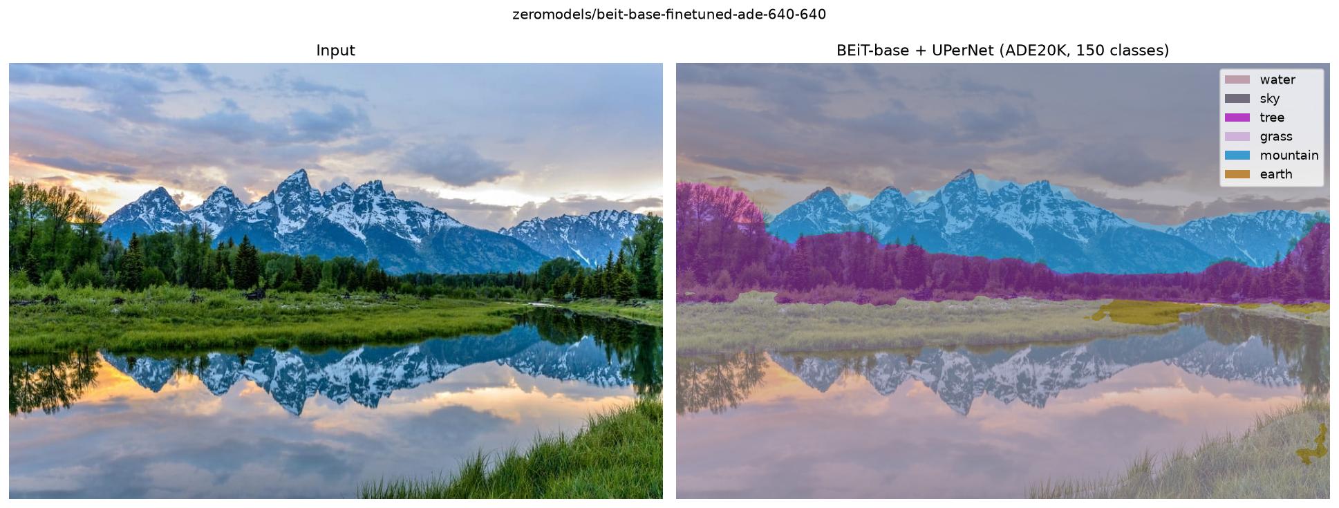 BEiT-base + UPerNet segmentation of a mountain landscape: input and ADE20K overlay