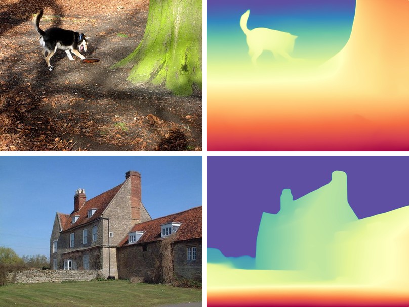 Depth Anything V1 large on a dog in woods and a farmhouse, run as one batch