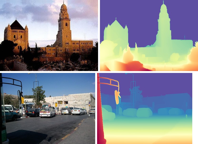 Depth Anything V2 large on a hilltop monastery and a busy street, run as one batch