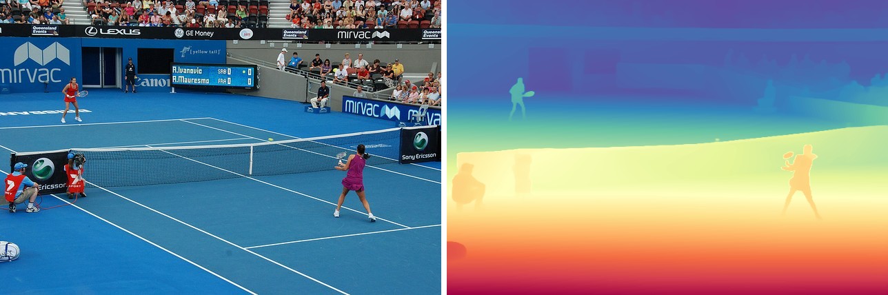 Depth Anything V2 depth map of a tennis match