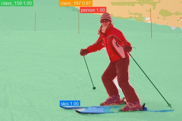 DETR panoptic masks over a skier: person, skis, and the snow and sky stuff regions