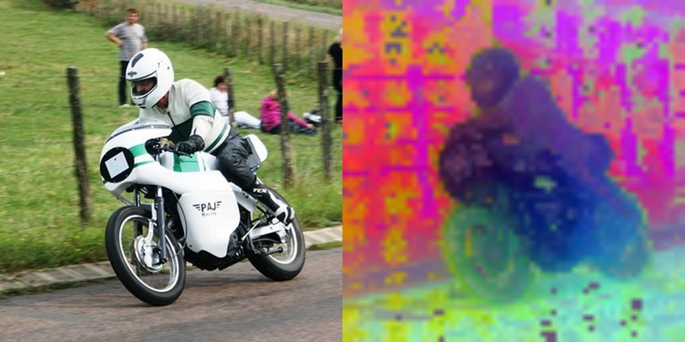 DINOv2 ViT-g/14 (giant): a motorcyclist beside the PCA of its patch features