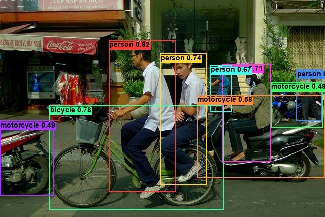 EfficientDet-D0 detections on a busy street: two people on a bicycle and several motorcycles
