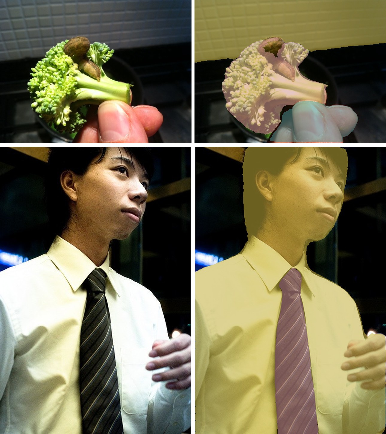 EoMT on broccoli in a hand and a man wearing a tie: original and overlay
