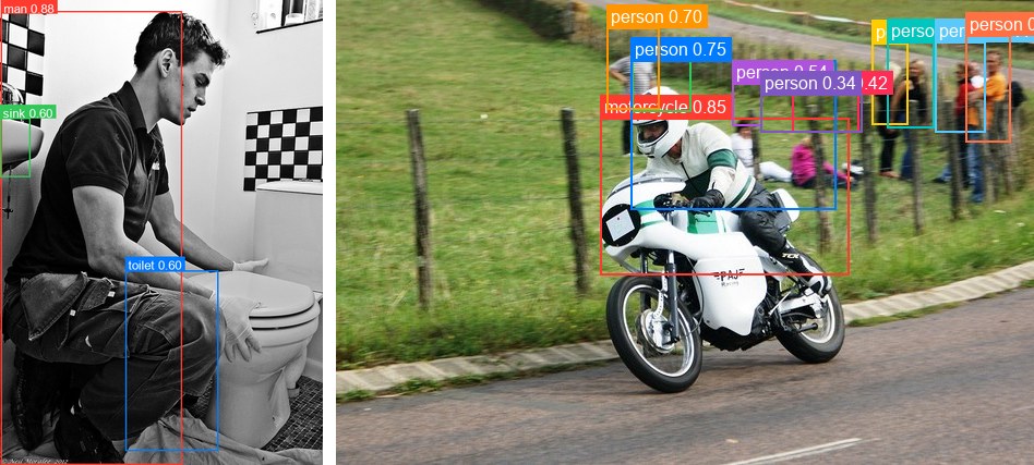 Grounding DINO detections on a bathroom and a motorcycle rider, run as one batch
