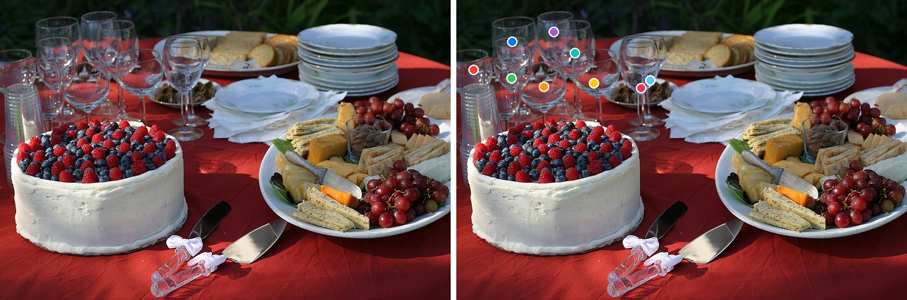 LocateAnything pointing at each wine glass on a laid table