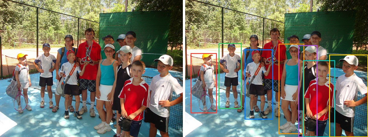 LocateAnything referring: the seven children wearing caps in a group photo, each boxed