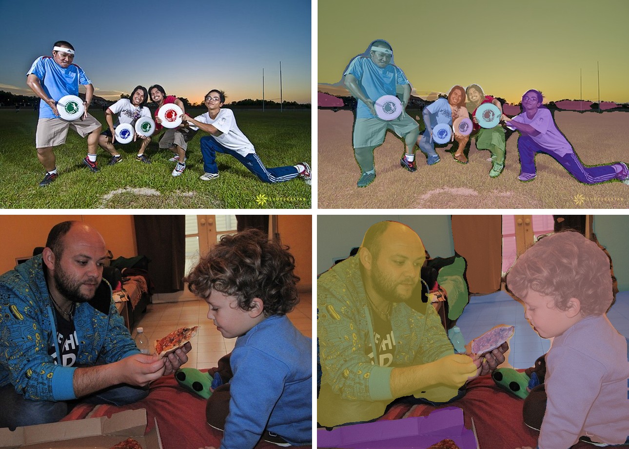 MaskFormer on children with frisbees and a child eating pizza: original and overlay