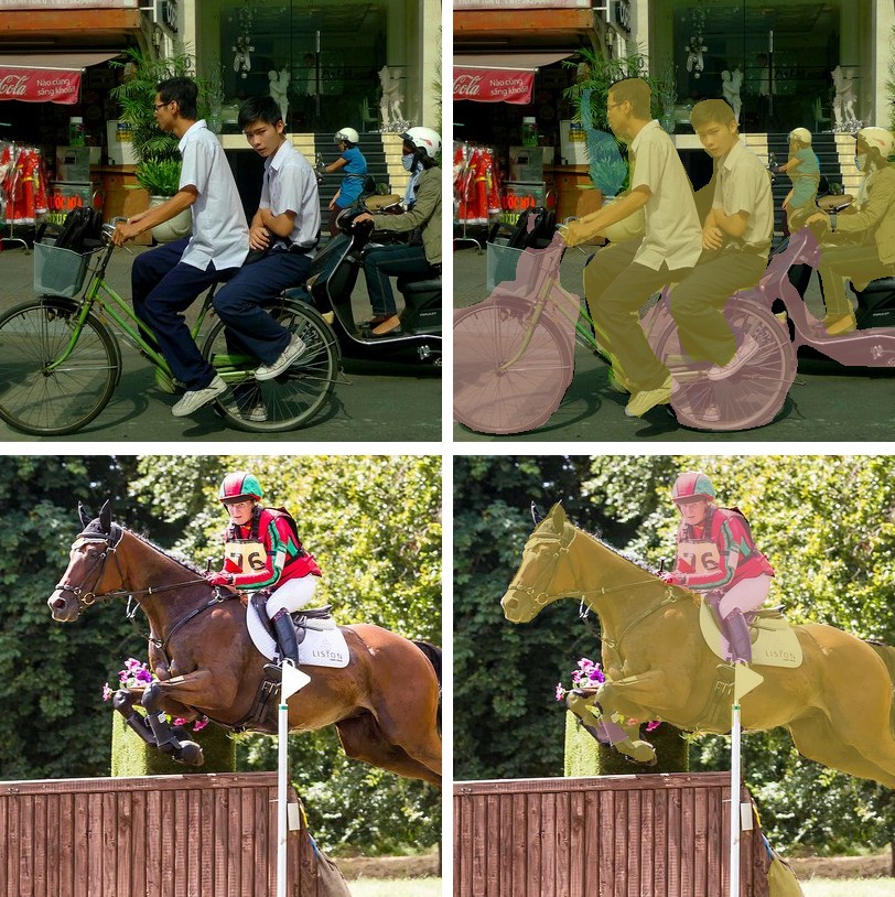 MobileViT on a street of cyclists and a horse jumping: original and overlay