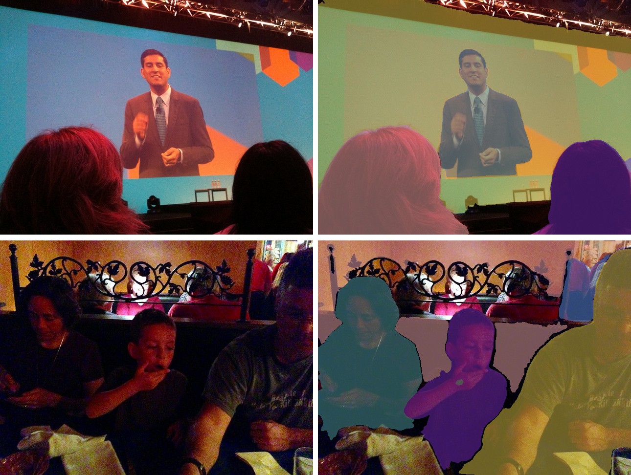 OneFormer on a lecture audience and people watching a film: original and overlay