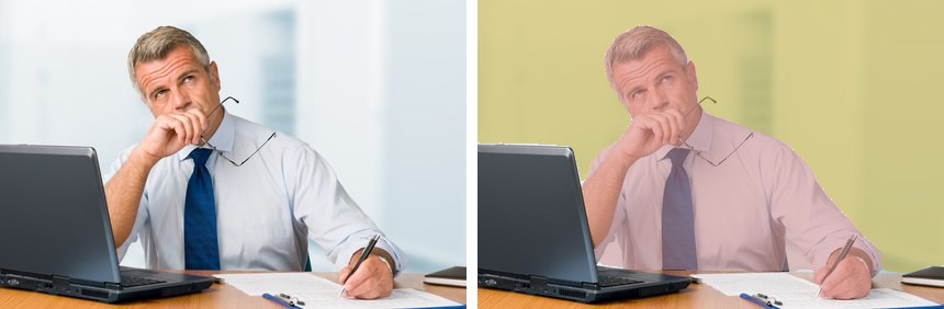 OneFormer on a person at an office desk: original and overlay