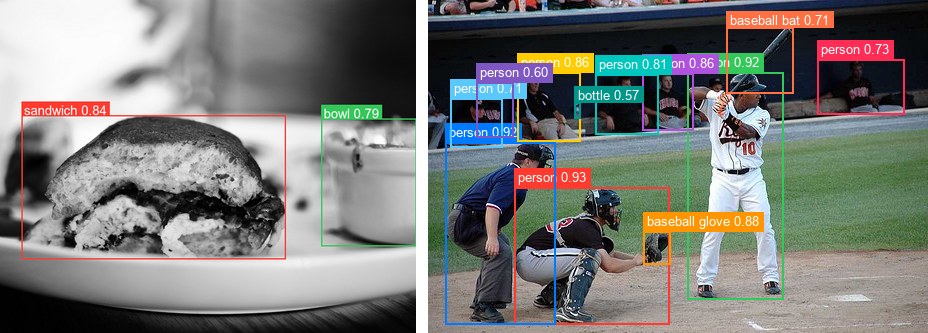 RF-DETR detections on a sandwich and a baseball game, run as one batch