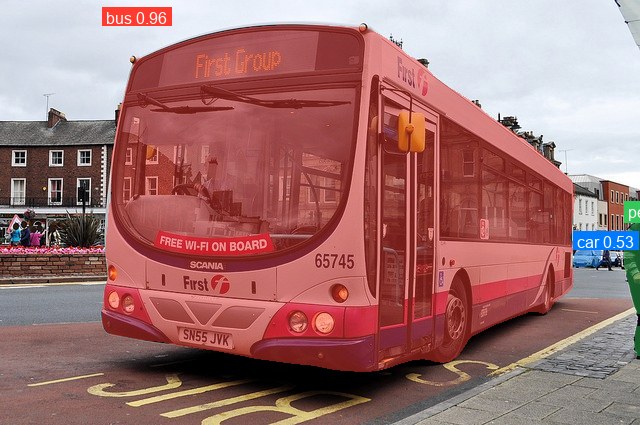 RF-DETR instance masks on a bus, a person and a car