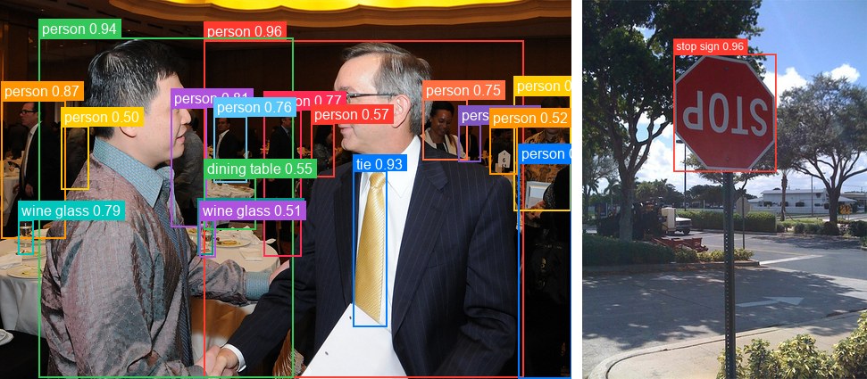 RT-DETR detections on a conference room and a stop sign, run as one batch