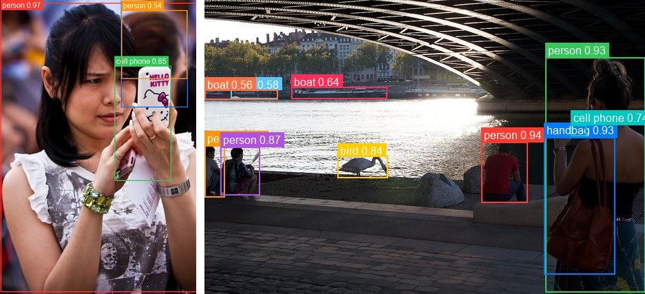 RT-DETRv2 detections on a woman with a phone and a waterfront scene, run as one batch