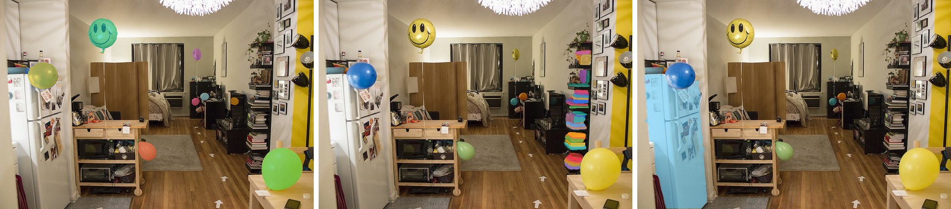 Three prompts on one encoded image: balloon, book, refrigerator