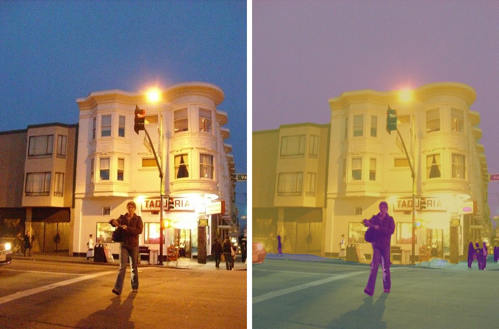 SegFormer segmentation overlaid on a street corner at dusk