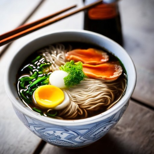 Stable Diffusion 2.1-base: a steaming bowl of ramen on a wooden table, 512px