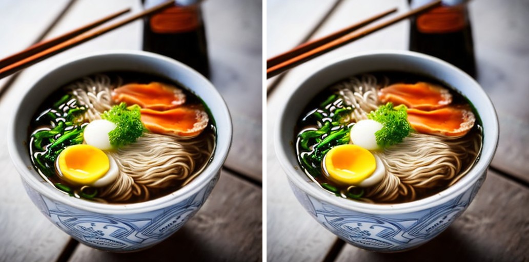 zeromodels (left) and diffusers (right) generations of a bowl of ramen from stable-diffusion-2-1-base with the same latent