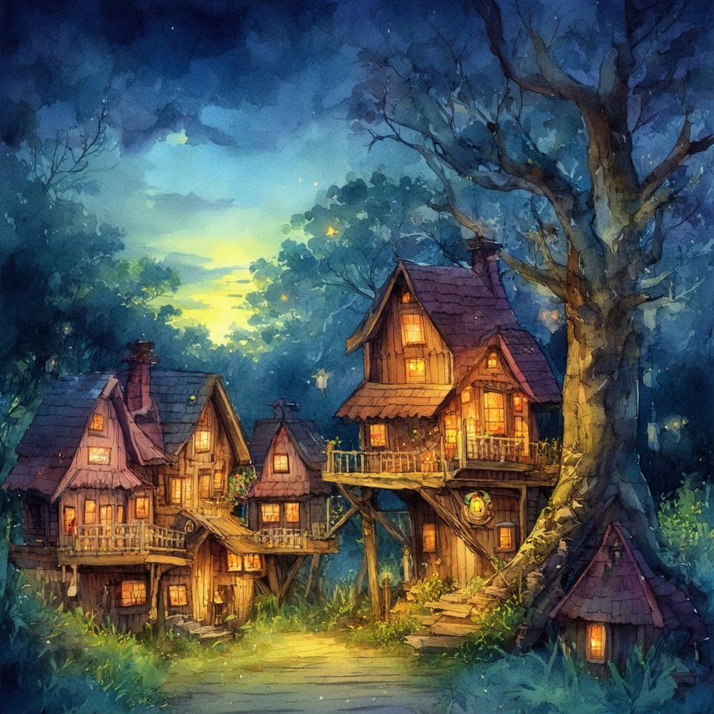 Stable Diffusion 3.5 medium: a treehouse village at twilight, 1024px