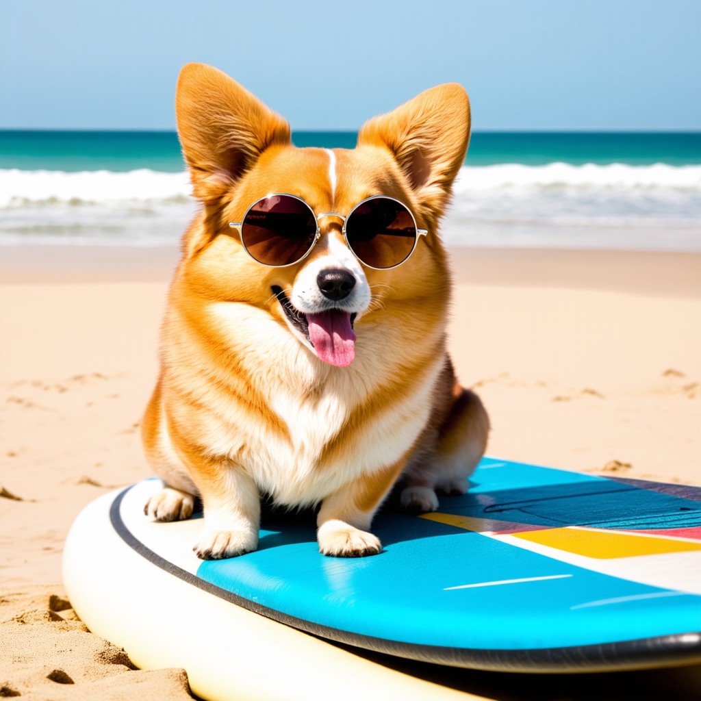 Stable Diffusion 3 medium: a corgi with sunglasses on a surfboard, 1024px