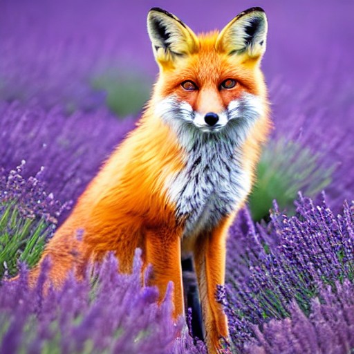 Stable Diffusion v1-5: a red fox sitting in a field of lavender at golden hour, 512px