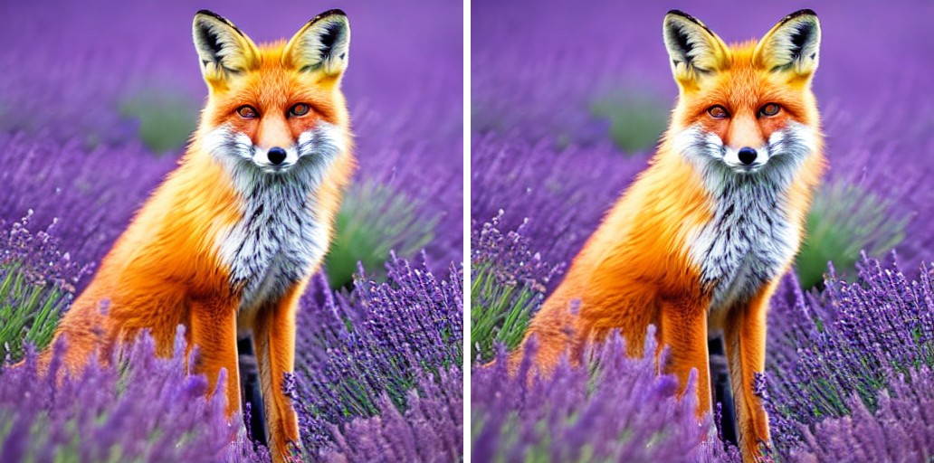 zeromodels (left) and diffusers (right) generations of a red fox in lavender from the same latent