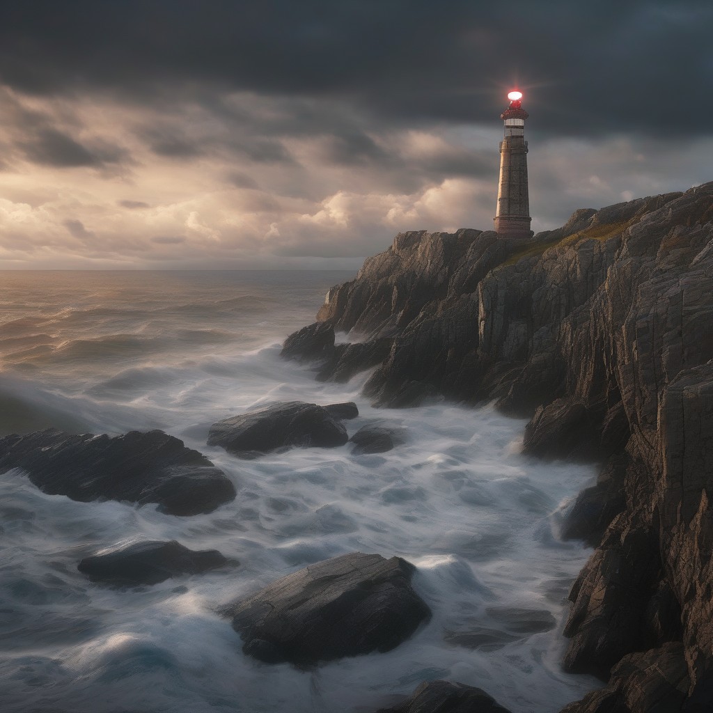 Stable Diffusion XL base 1.0: a lighthouse on a rocky coast at dawn, 1024px