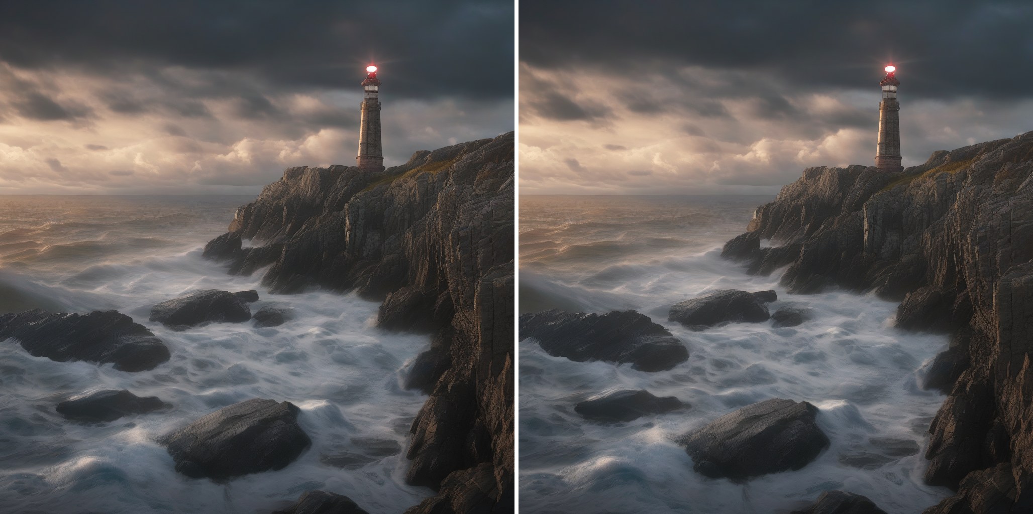 zeromodels (left) and diffusers (right) generations of the lighthouse from stable-diffusion-xl-base-1.0 with the same latent